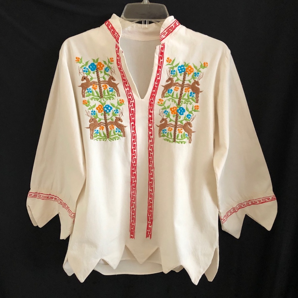 VTG. Embroidered Boho Reindeer Folk OOAK Tunic Festival Blouse